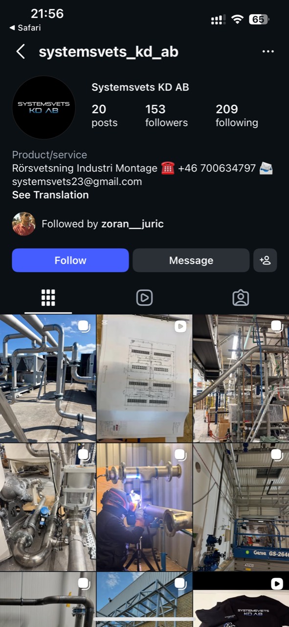 Rördragning och installation på ett tak, ur företagets Instagram