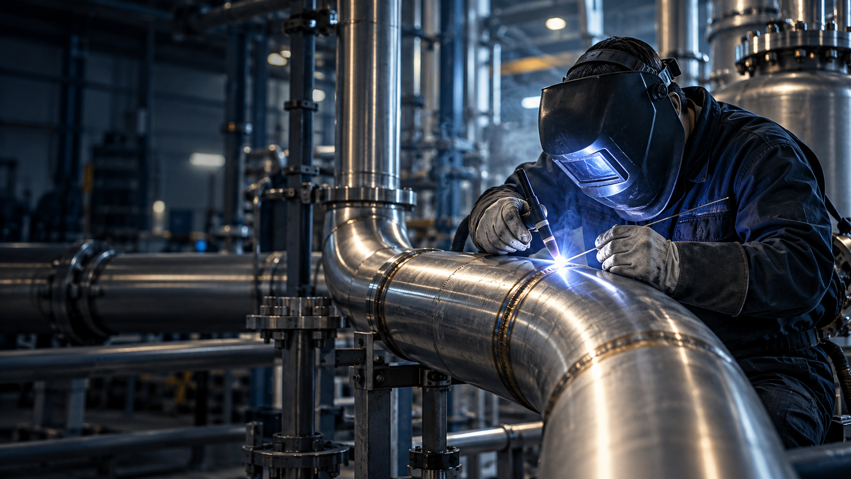 Illustrativ bild av en svetsare som arbetar med ett industrirör